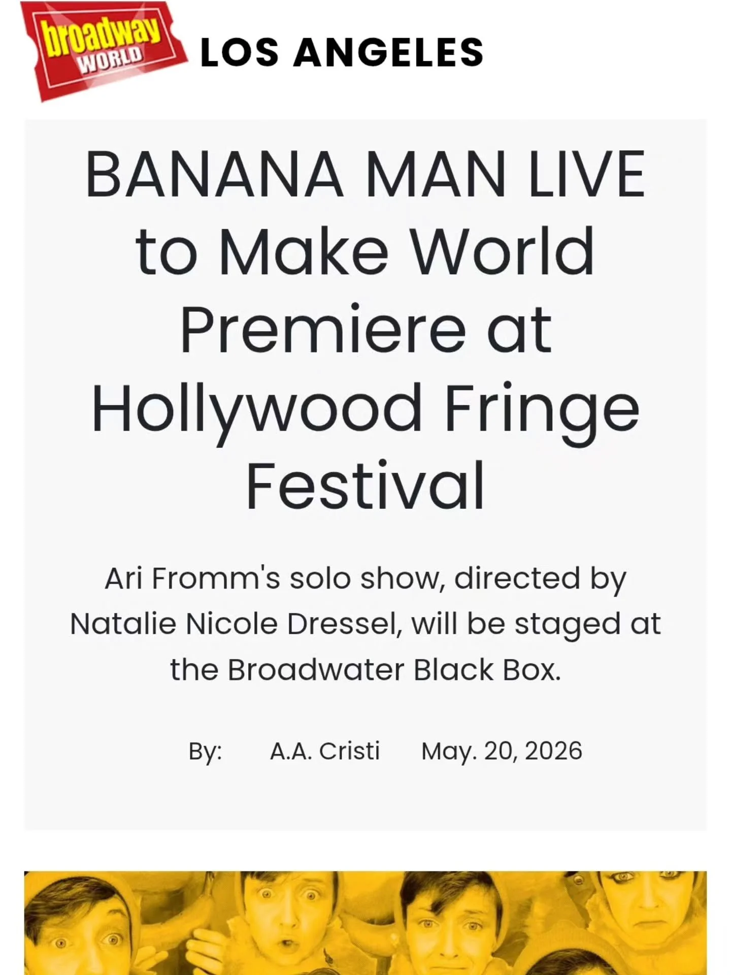 Hello, press! The Banana has been released!

Wanna support independent artists? A great way to do that is by turning out to our shows. Bonus points for getting your tickets in advance! 🎉

#bananaman #hhf26 #bwfringe26
