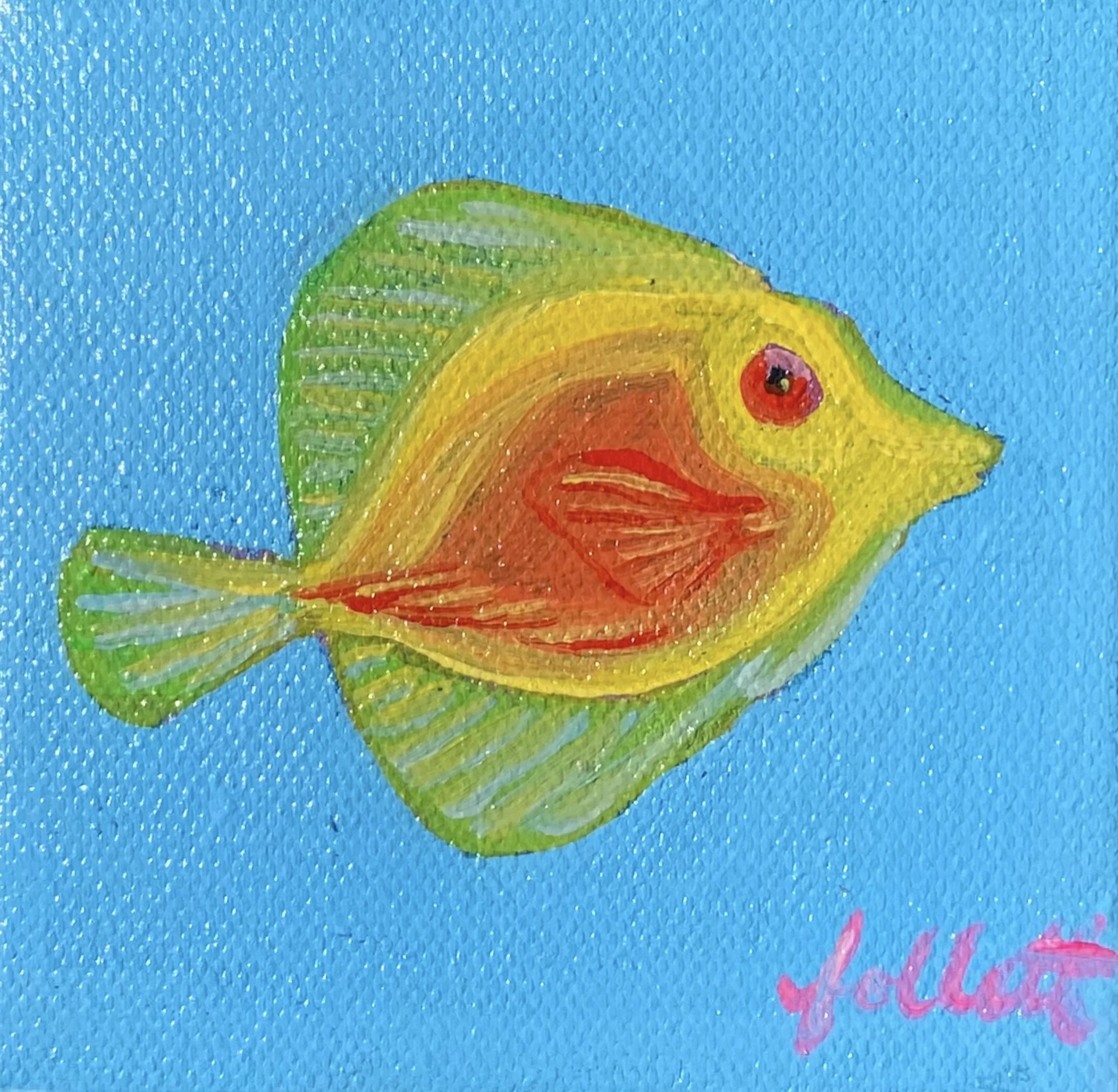 Original Yellow Tang Fish 4x4 Canvas Florida Beach Home Decor Whimsical Painting