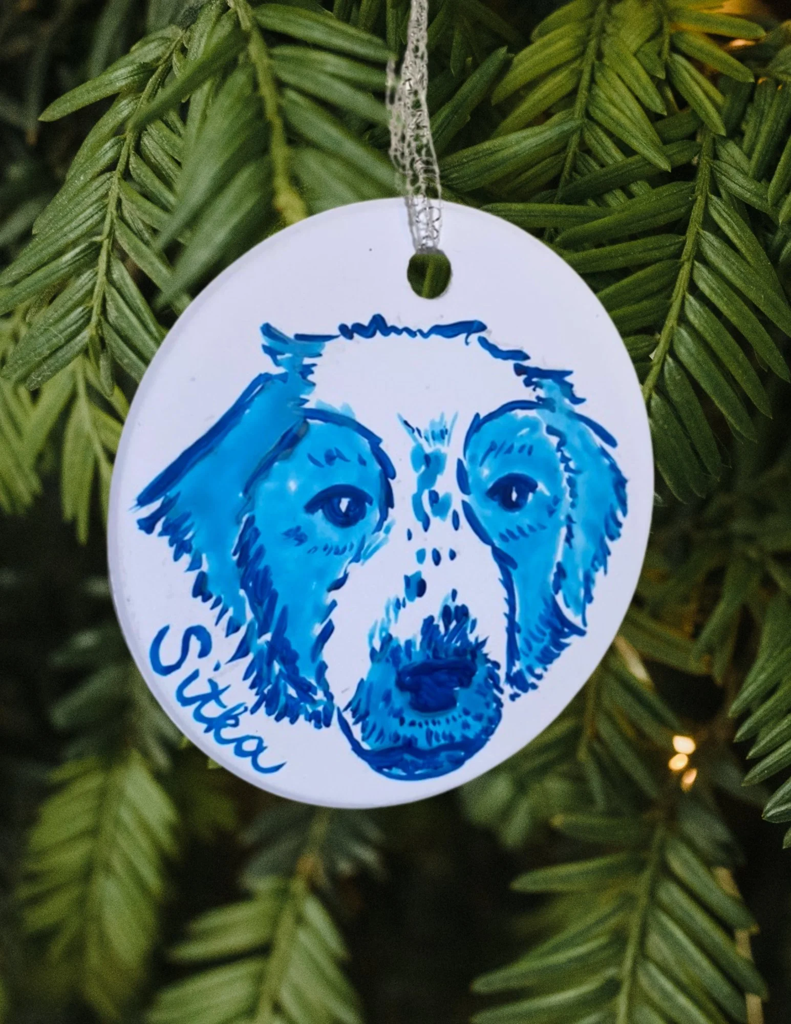 Ceramic Handpainted Blue and White Pet Portrait Ornaments