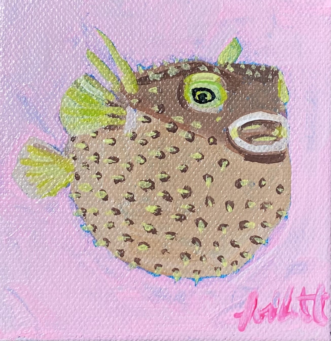 Original Pufferfish 4x4 Canvas Florida Beach Home Decor Whimsical Painting