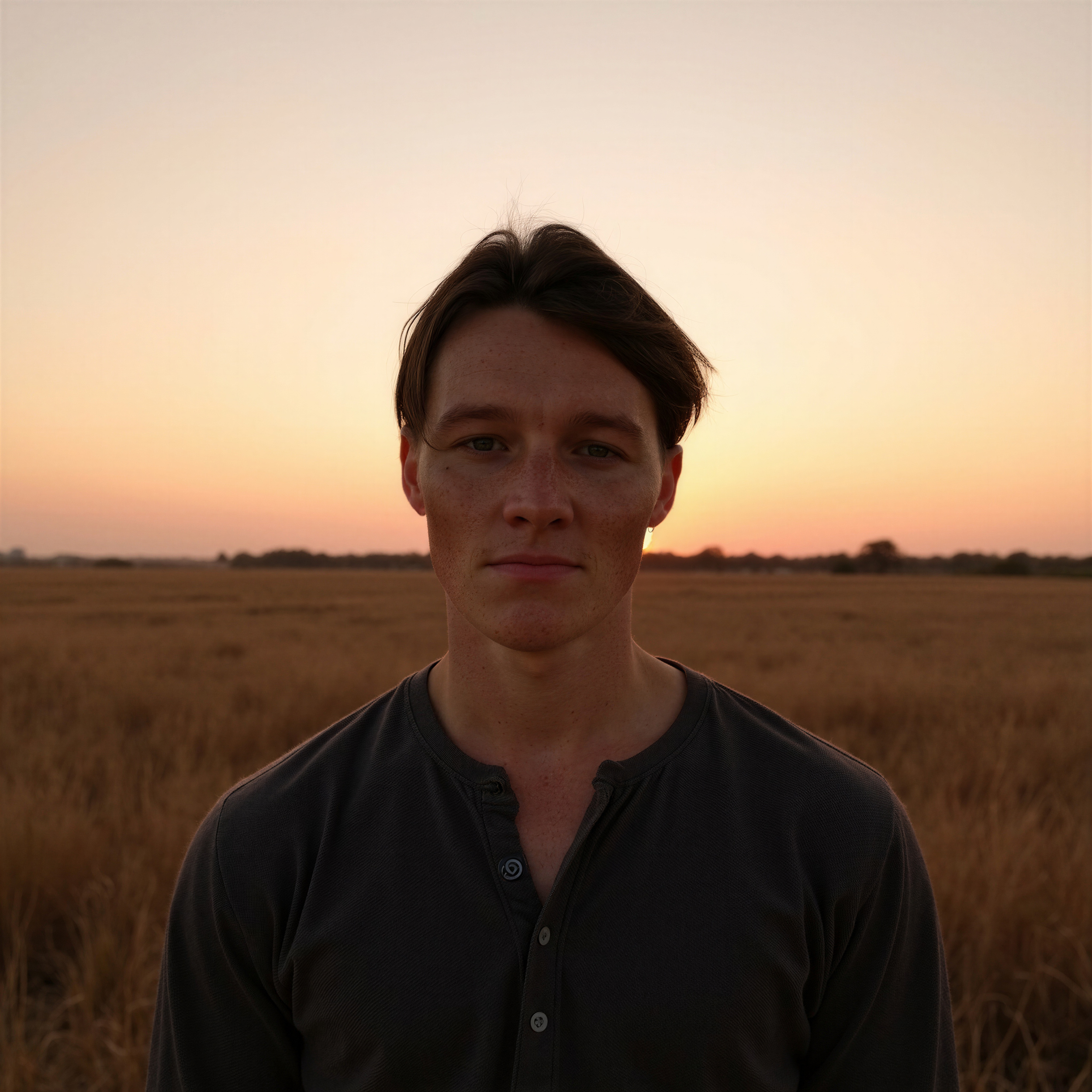 Portrait of a young man with brown hair and freckles standing in a field during sunset.