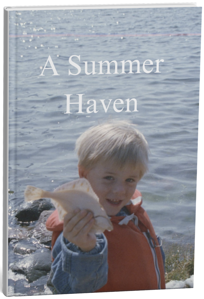 A young boy holding a small fish by the water's edge, smiling. The scene is outdoors near a body of water with rocks. The cover has the title "A Summer Haven."