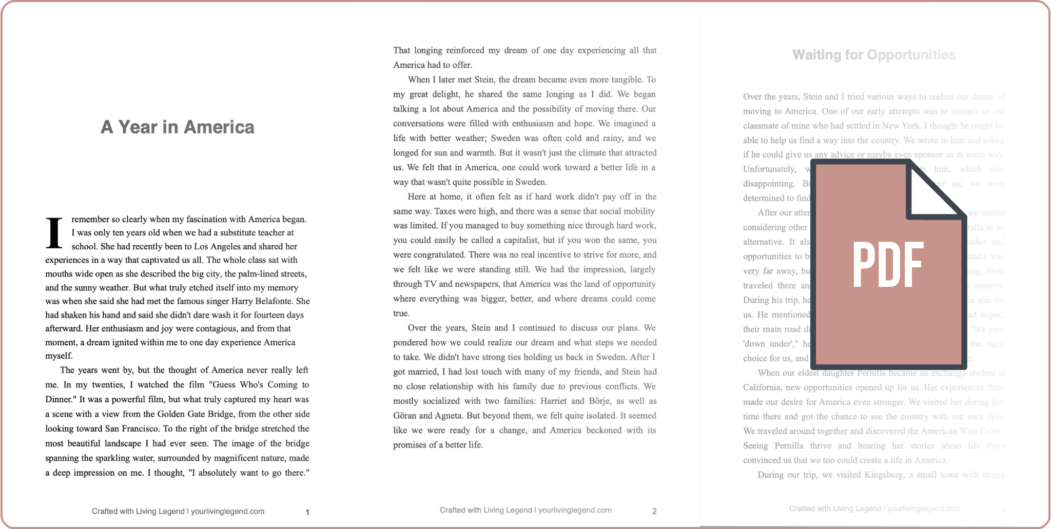 Open PDF document titled "A Year in America" with text on pages 1 and 2, and a PDF icon covering part of the content on the right page.