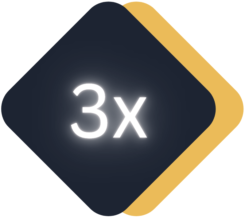 Icon with a dark rounded square background and a smaller gold rounded square behind it, displaying '3x' in white text.