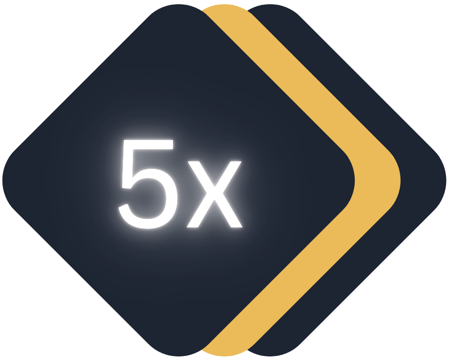 Icon representing 5 times or fivefold multiplication, with overlapping black and gold squares.