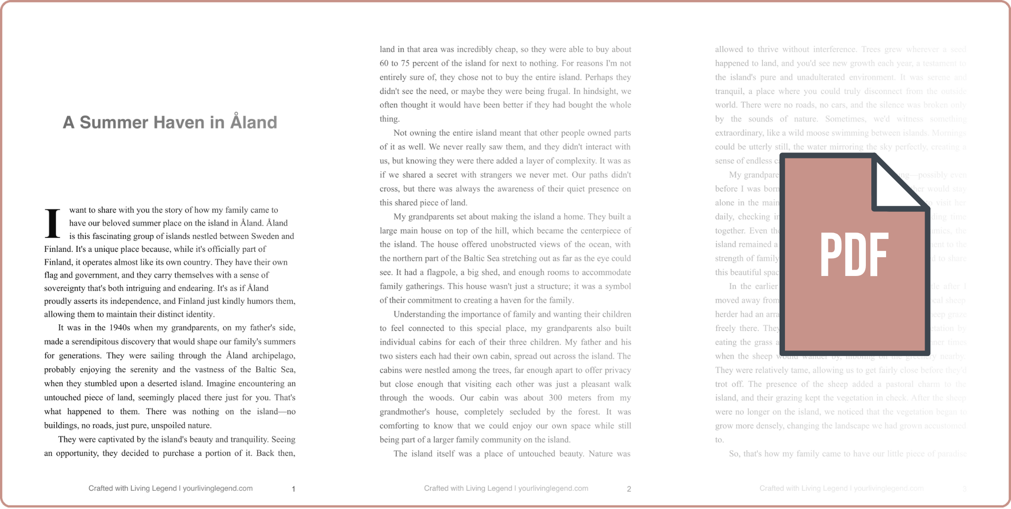 Image of an open PDF file with the title 'A Summer Haven in Åland' on the left page, featuring text about Åland islands. On the right page, there is a large icon of a PDF document with a folded corner, text 'PDF' in the center.