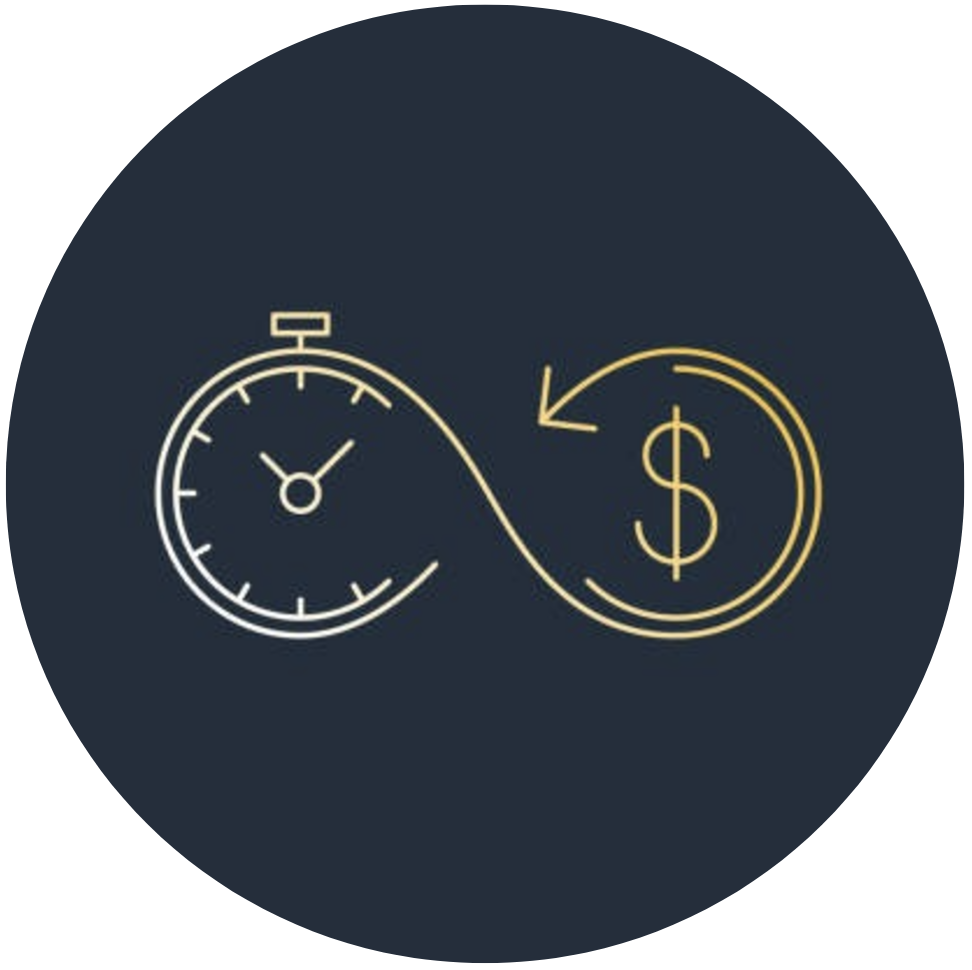 A dark circle background with a yellow and white line drawing of a stopwatch on the left and a dollar sign in a yellow circle on the right, connected by a curved arrow indicating a time-to-money concept.