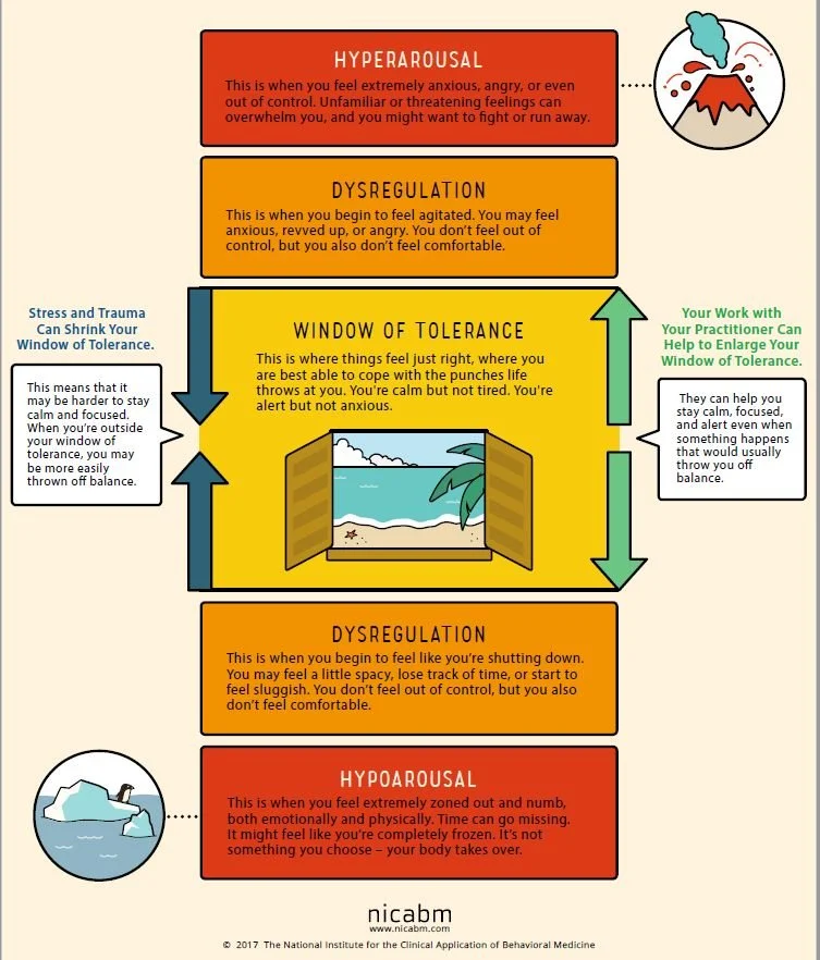 Diagram showing the Window of Tolerance with hyperarousal, dysregulation, optimal zone, and hypoarousal states