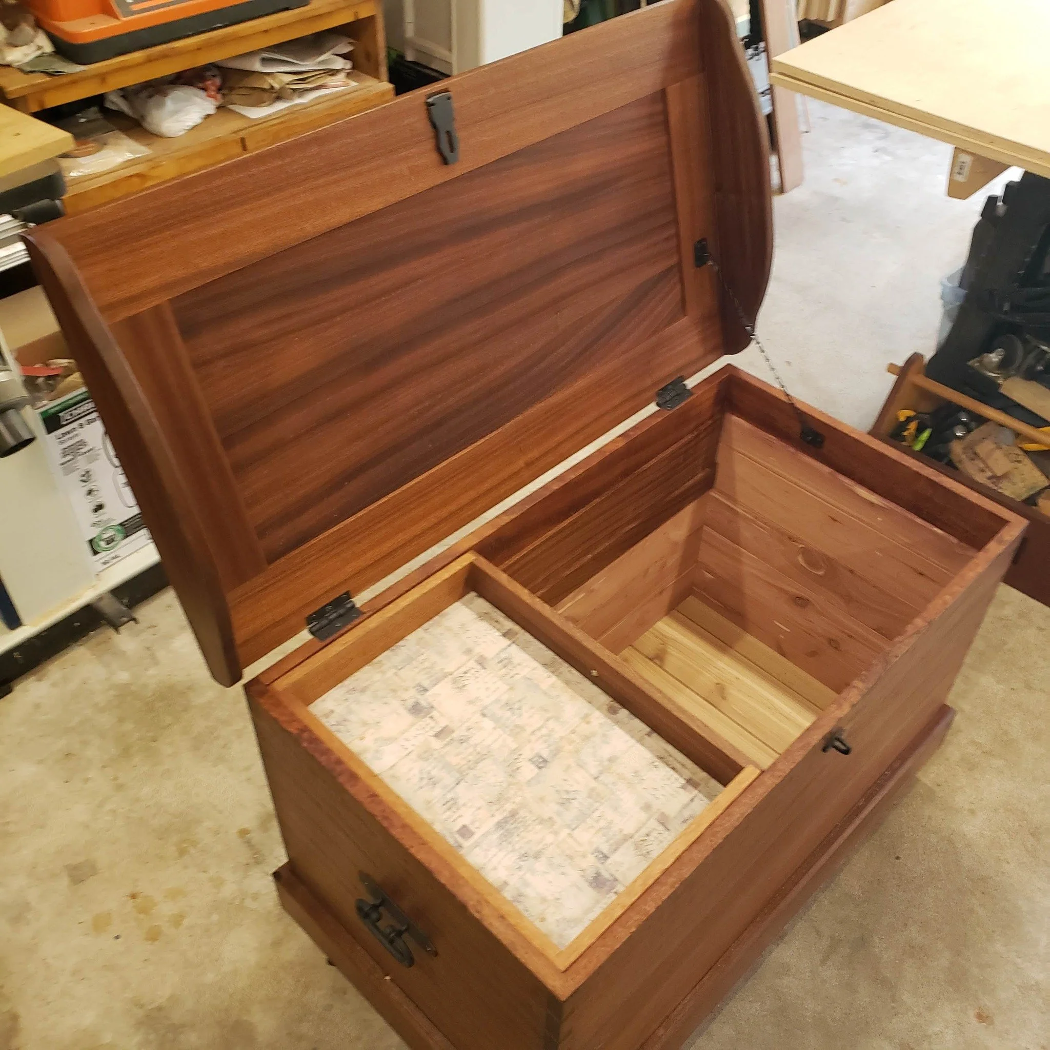 Here are the detail pictures for the sapele mahogany sea chest.
Cast iron hardware, upholstered sliding tills, and cedar lining/bottom.

#woodshop #workshop #woodwork #Woodworking #dovetails #custom #navalheritage #seachest #sailing #navy #shadowbox 