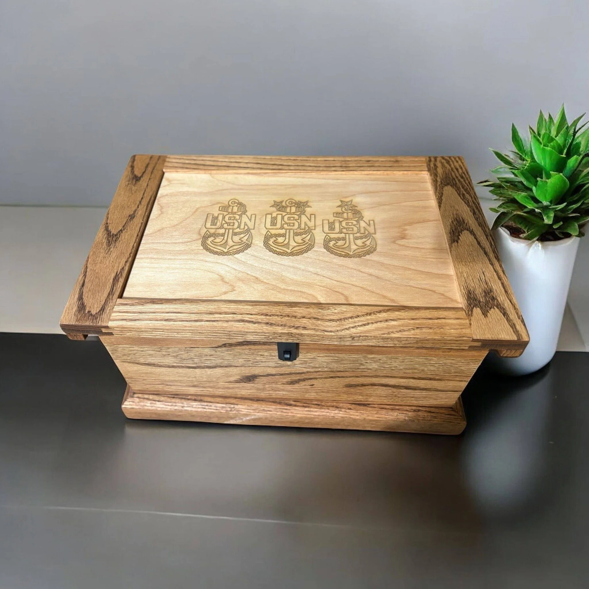 This small side project went to a fundraiser auction for the Greater Midwest Chief Petty Officers Association. It was built entirely from the scrap pile of this year's Chief Selects' vessel build, using those materials and hardware to build an oak mi