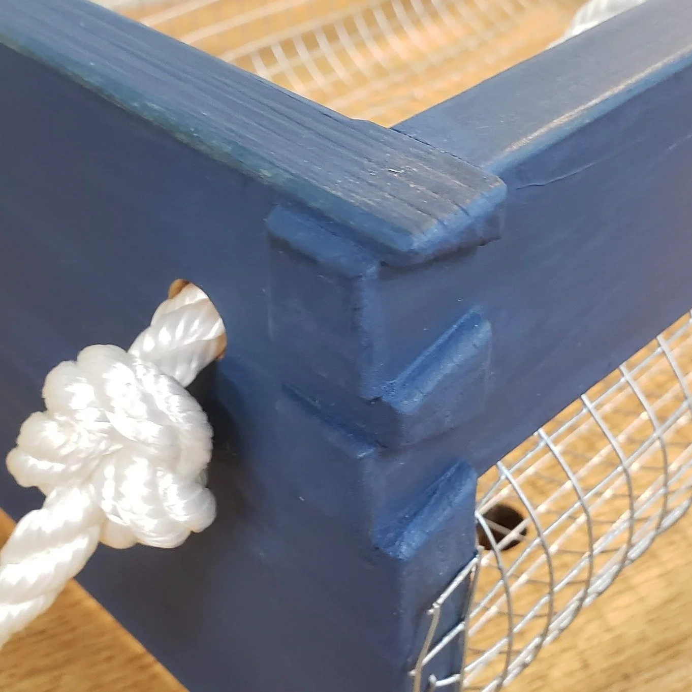 Finished product was a harvest basket for Mother's Day. Hand-cut dovetails on cypress, with a milk paint and linseed oil finish. Galvanized hardware cloth and nylon rope to complete the outdoors-ness of it all. Will make rinsing off fresh-picked prod