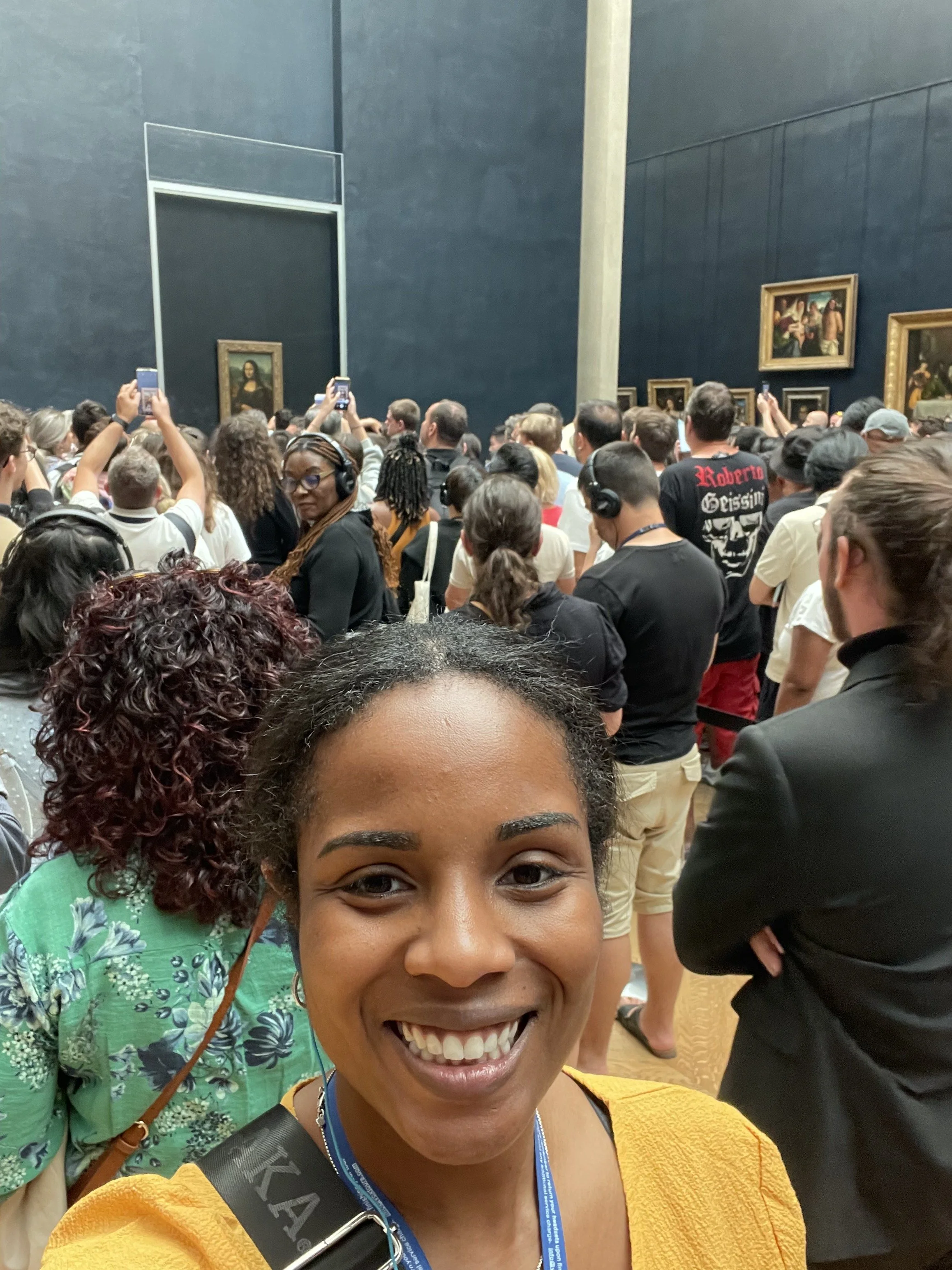 Katy Gathron visiting the Mona Lisa at the Louvre Museum in Paris.