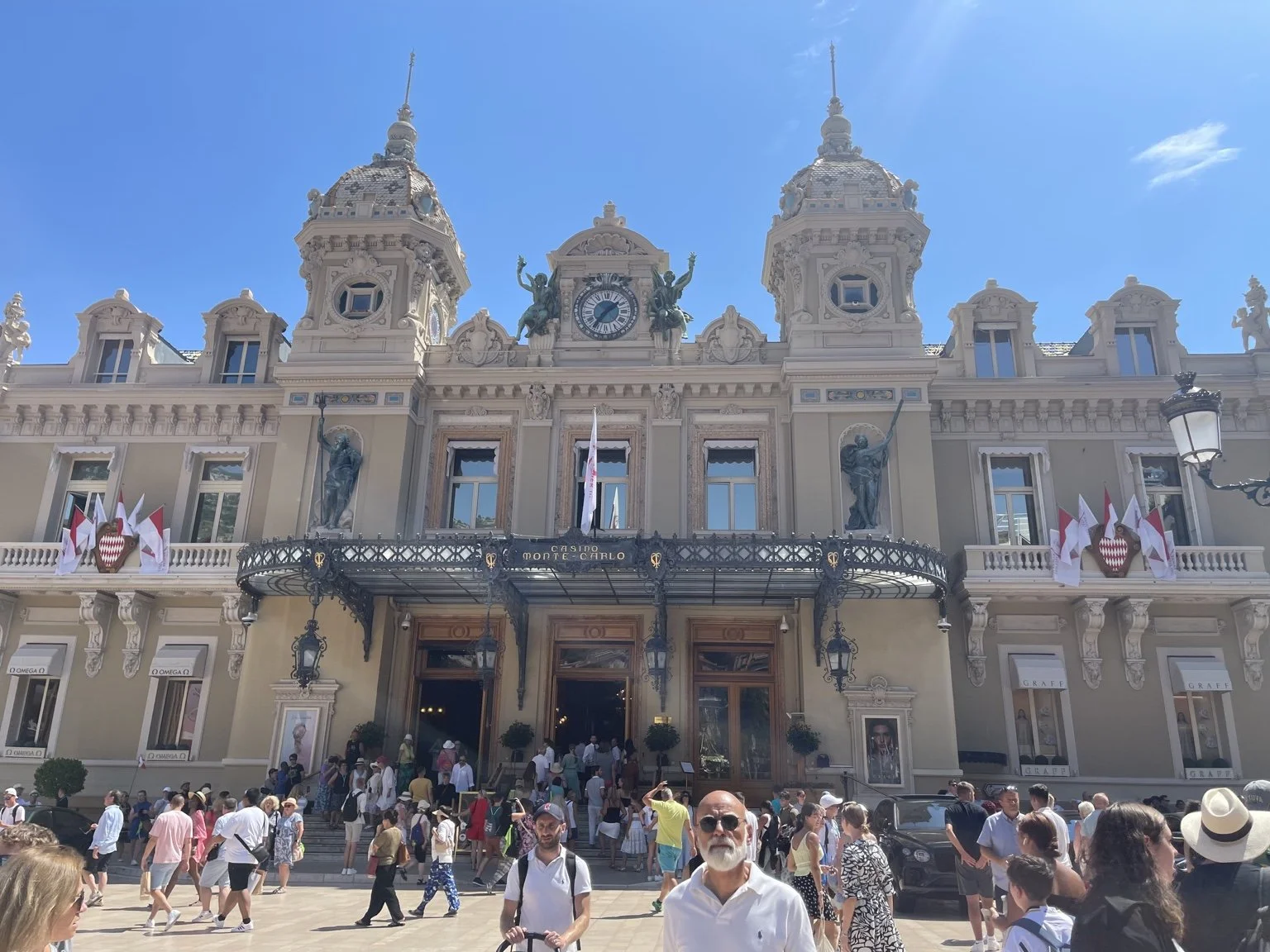 Casino de Monte-Carlo exterior under a bright blue sky.