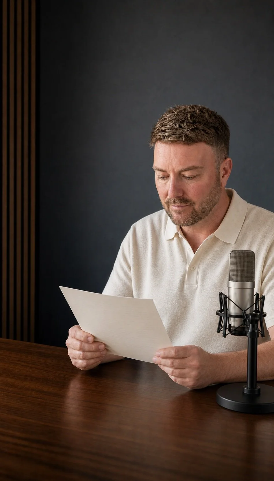 Lewis Mabee reviewing a personalized prayer script beside a professional studio microphone before recording.