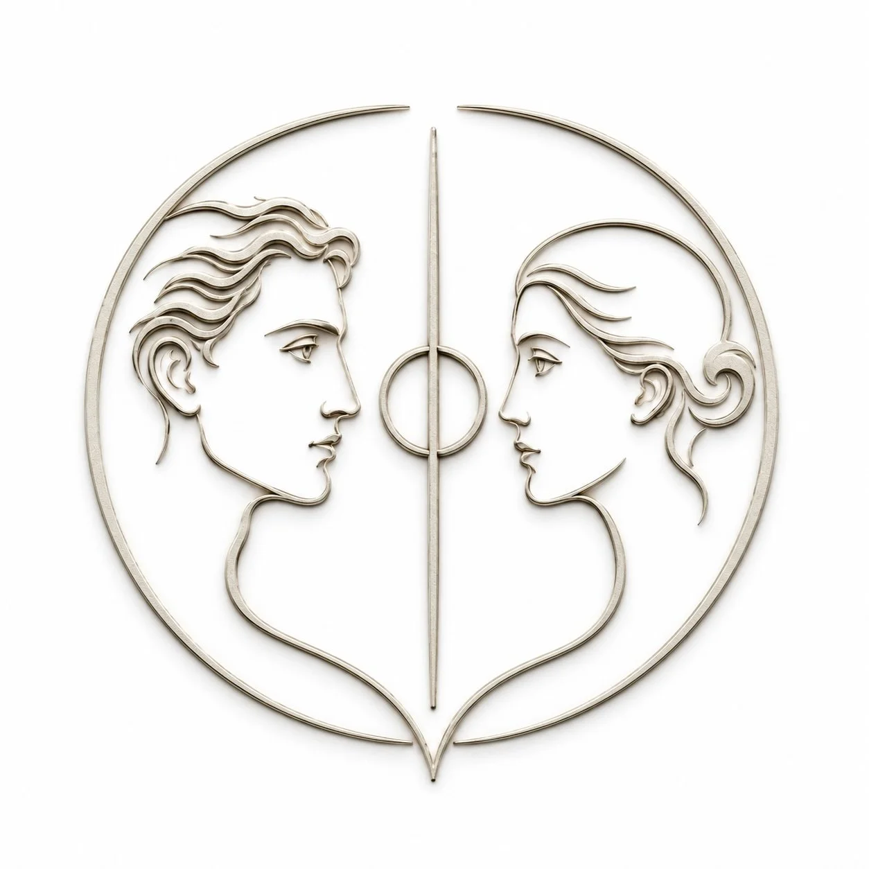 ARELPHI symbol featuring equal masculine and feminine profiles inspired by classical Greek sculpture, facing one another around a central form representing self-knowledge, human potential, and becoming.
