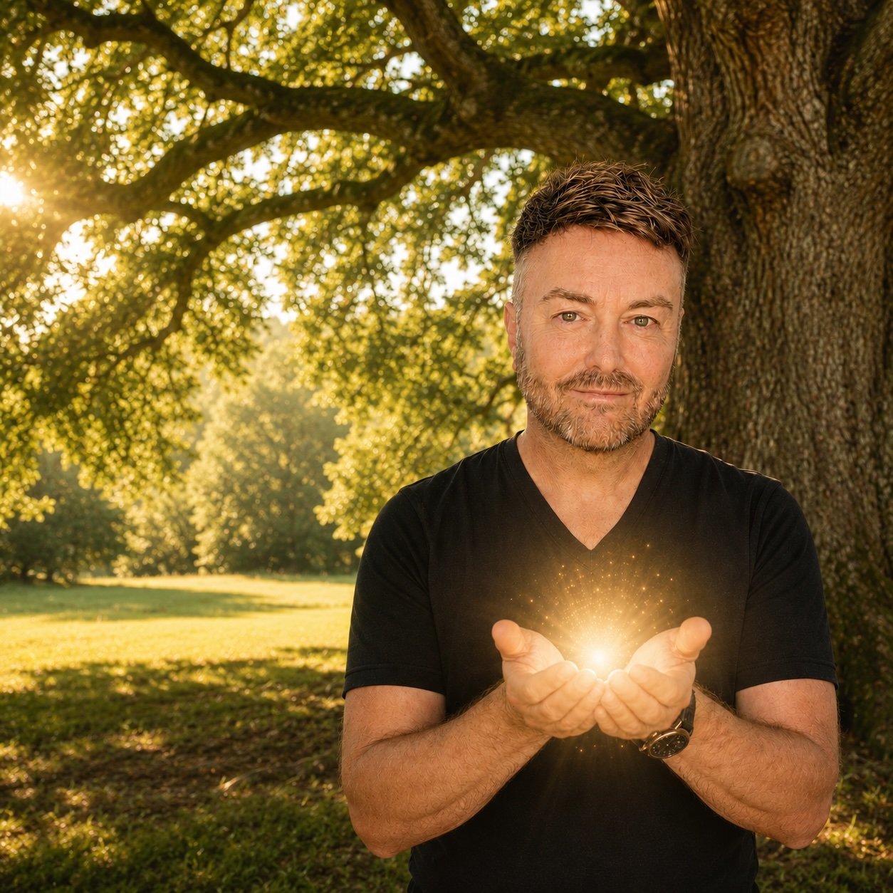 Lewis Mabee standing beneath a majestic ancient oak tree, gently holding a warm golden light between his cupped hands, symbolizing the gift of clarity, healing, hope, and meaningful spiritual connection.