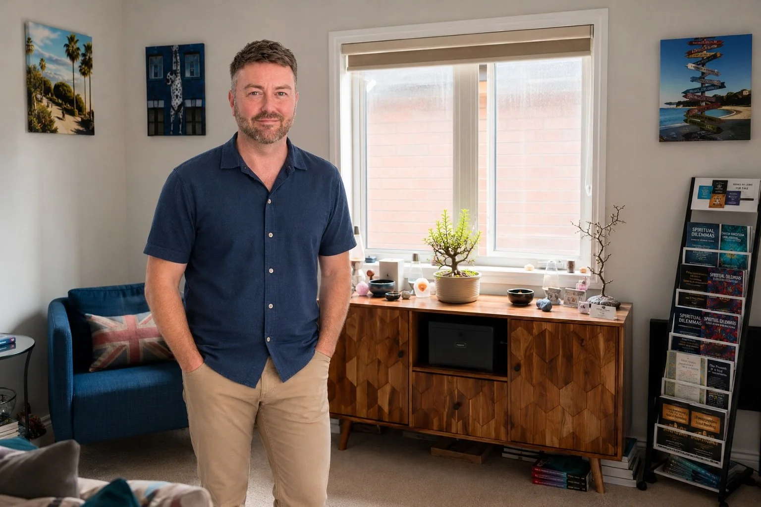 Lewis Mabee standing in his Woodstock, Ontario home office with a warm, welcoming expression.