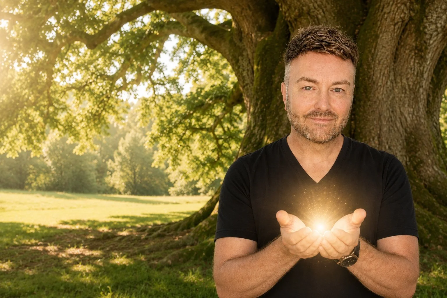 Lewis Mabee standing beneath a majestic ancient oak tree, gently holding a warm golden light between his cupped hands, symbolizing the gift of clarity, healing, hope, and meaningful spiritual connection.