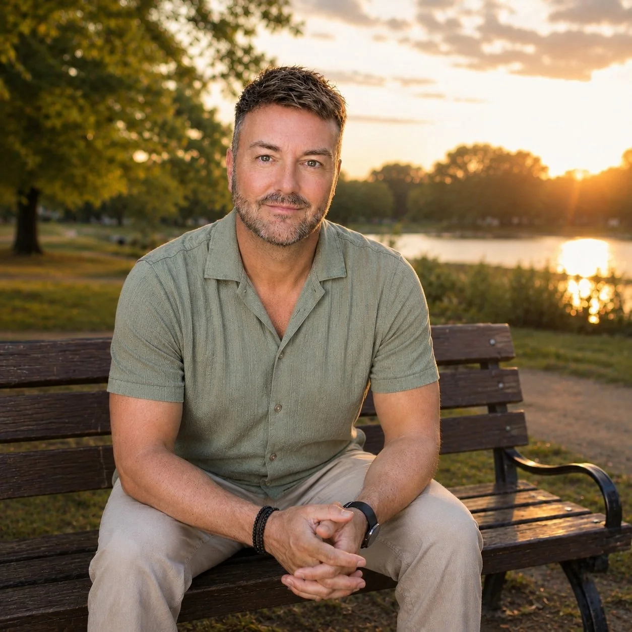 Lewis Mabee sitting on a park bench at sunset with a calm, welcoming expression, reflecting the warmth, trust, and supportive experience of an in-person healing session.
