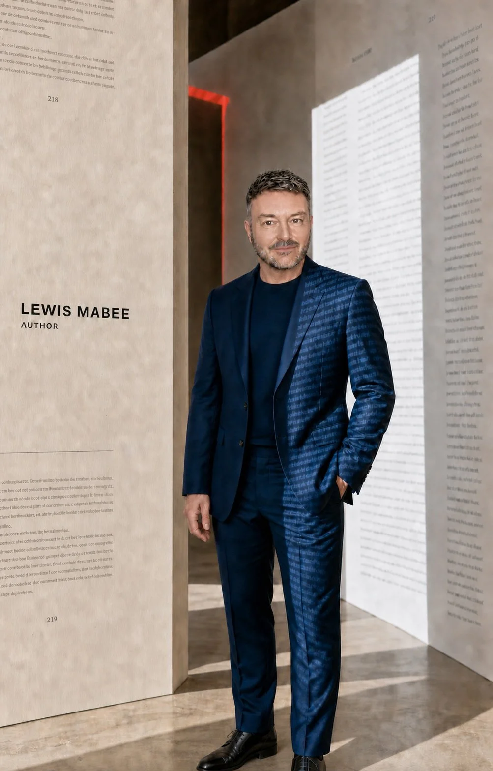 Lewis Mabee standing among oversized printed pages with projected text across his blue suit.