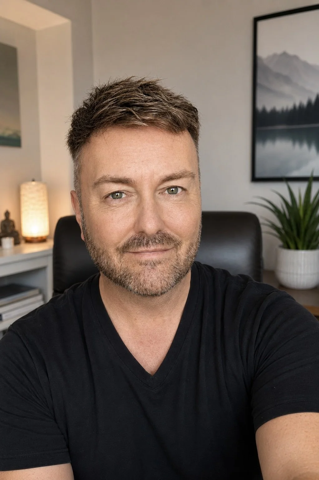 Lewis Mabee welcoming visitors with a warm, approachable smile from his home office before booking a Zoom psychic party, creating a personal connection for online group psychic readings.