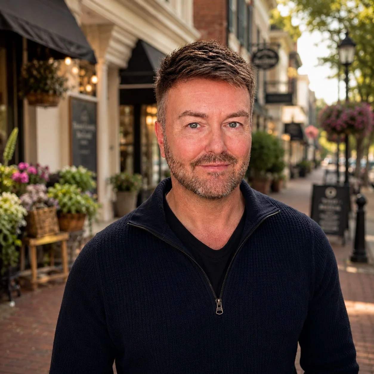 Lewis Mabee smiling warmly on a charming boutique main street, creating a genuine, approachable, and trustworthy first impression for visitors seeking spiritual guidance, healing, and psychic readings.