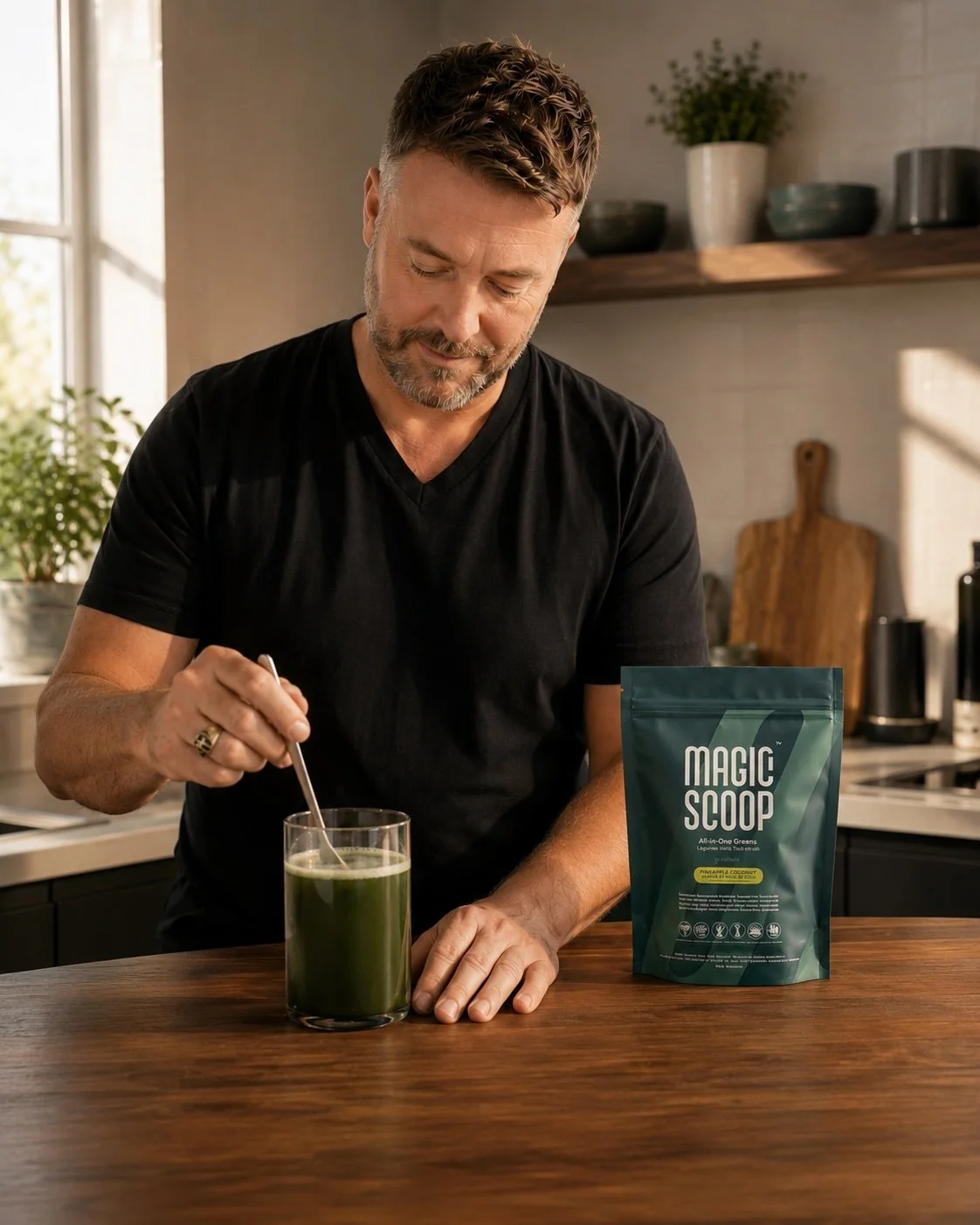 Lewis Mabee preparing a glass of Magic Scoop Greens in a warm, modern kitchen as part of his daily wellness routine, featured in the MABÉ Selected by MABÉ collection.