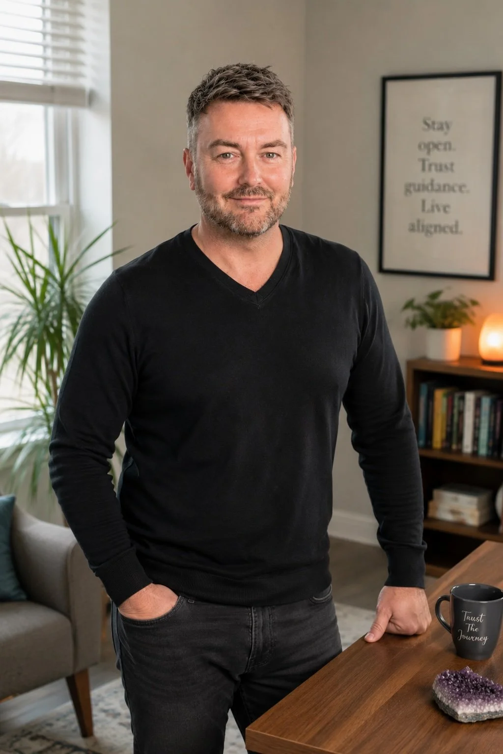 Lewis Mabee standing in a bright and welcoming office space with a calm, approachable expression, creating a comfortable and professional environment for first-time clients considering a psychic reading or intuitive guidance session.