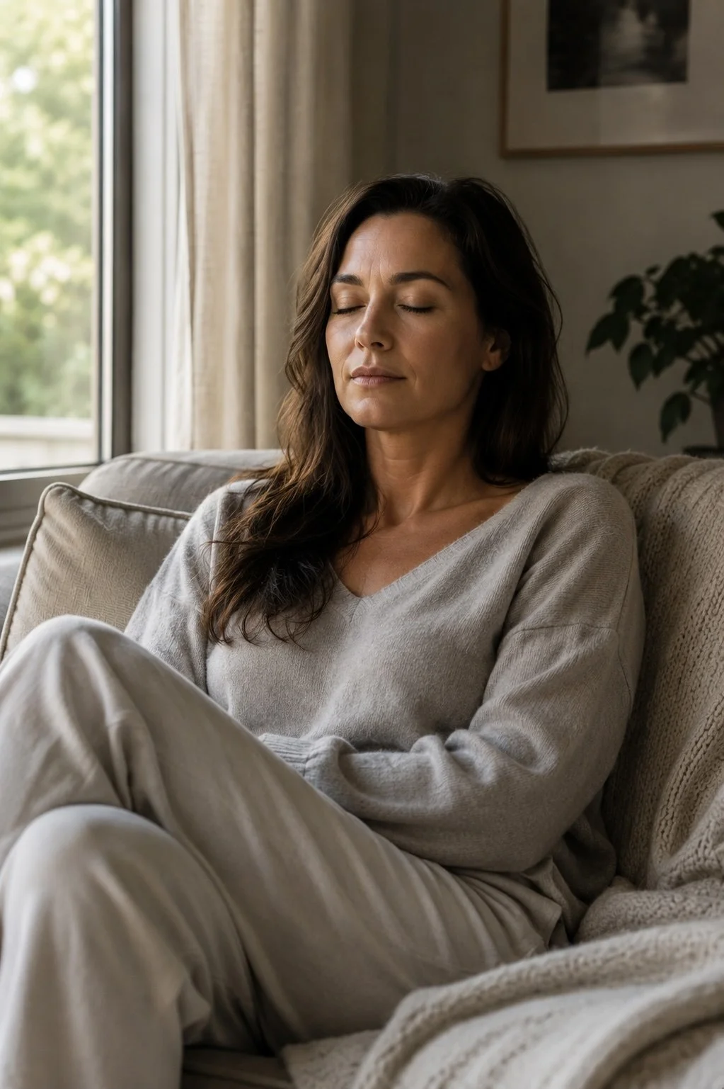 A woman sits peacefully in her own home with her eyes closed, embracing a quiet moment of stillness and self-reflection in natural light.