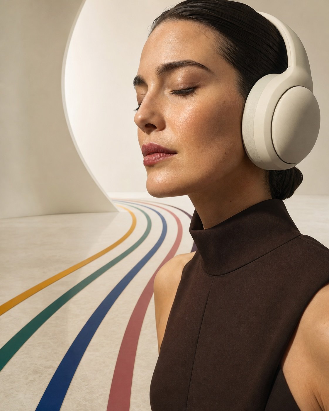 Woman wearing ivory headphones with her eyes closed as five colourful paths curve through a luminous studio behind her.
