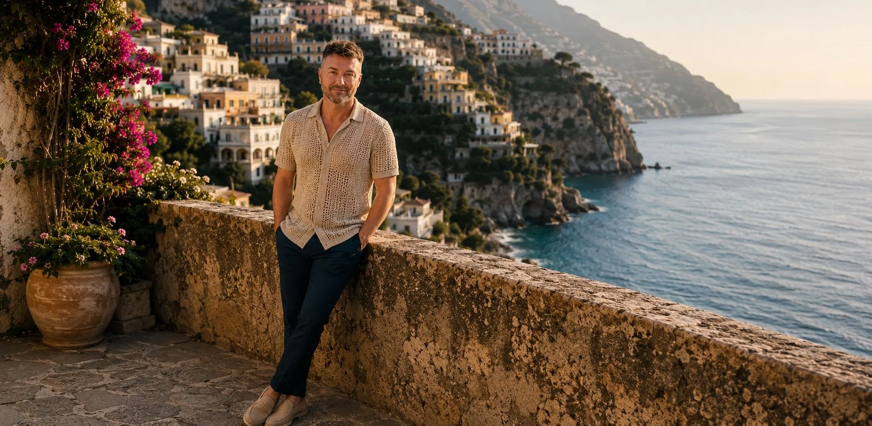 Lewis Mabee overlooking Italy’s Amalfi Coast, offering a calm, approachable presence while inviting visitors to book a personal psychic reading or healing session with confidence.