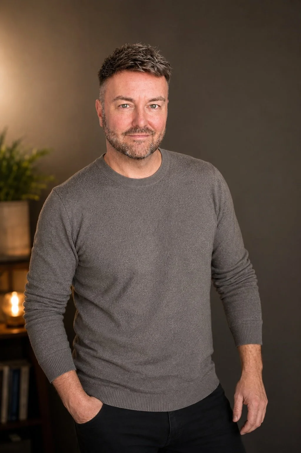 Lewis Mabee, wearing a grey sweater and black pants, is standing indoors against a dark background with a plant and a bookshelf in the blurred background.