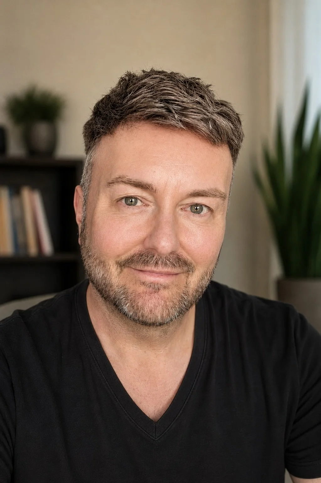 Lewis Mabee smiling with genuine appreciation in a professional portrait for his client testimonials page, reflecting gratitude, trust, warmth, and authentic connection before sharing real psychic reading and energy healing client reviews.