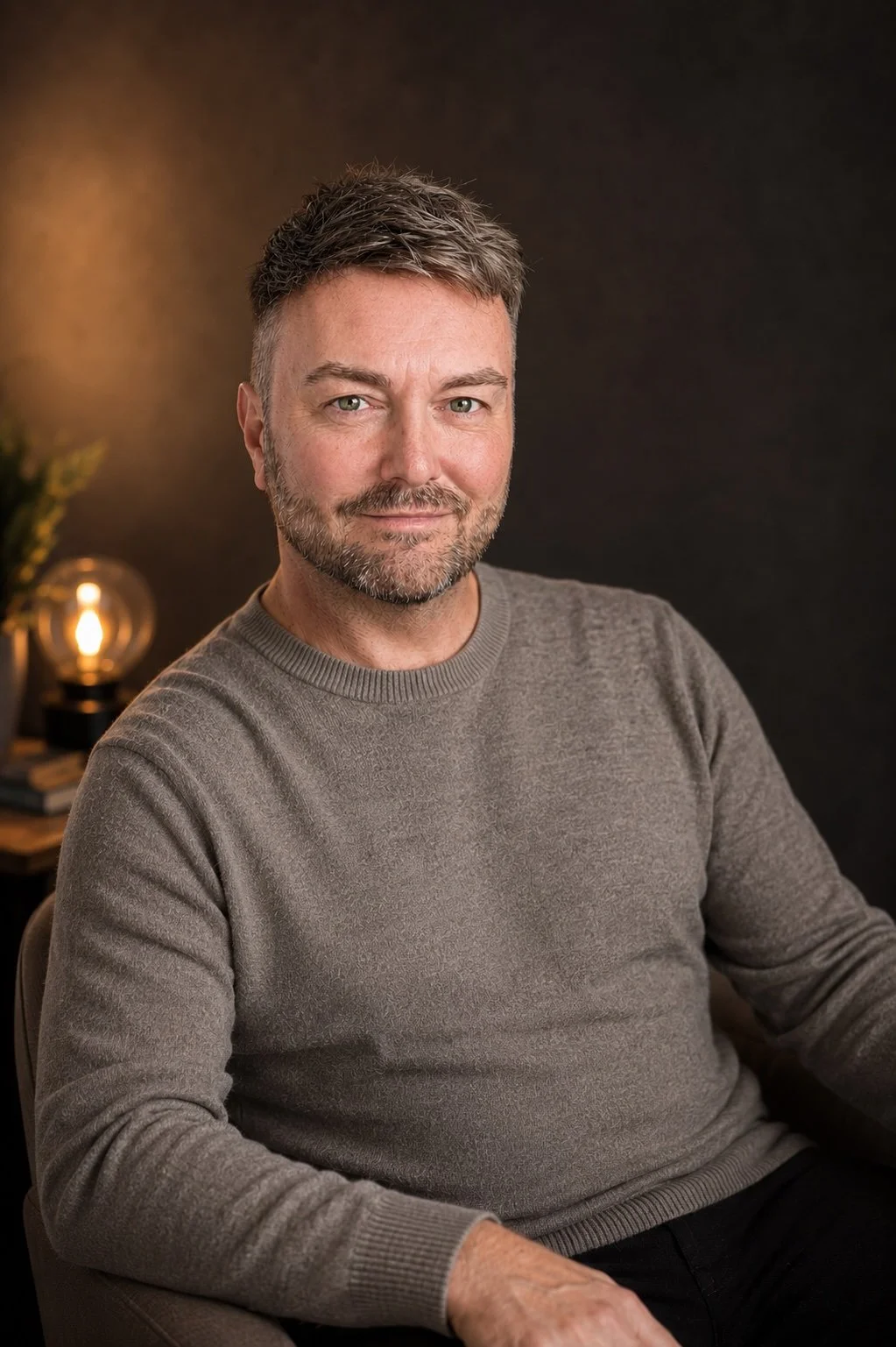 Lewis Mabee, wearing a gray sweater, is sitting in a dimly lit room with warm lighting, a dark background, and a lamp on a table behind him.