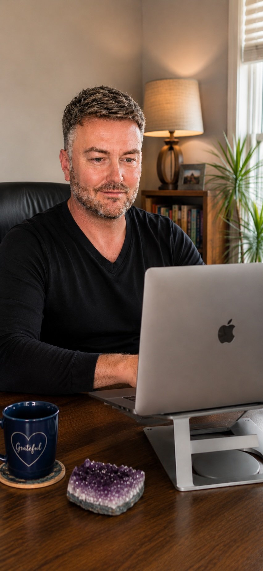Lewis Mabee participating in a Zoom psychic reading from his home office, listening attentively to a client during a one-on-one online session in a warm, professional, and welcoming environment.