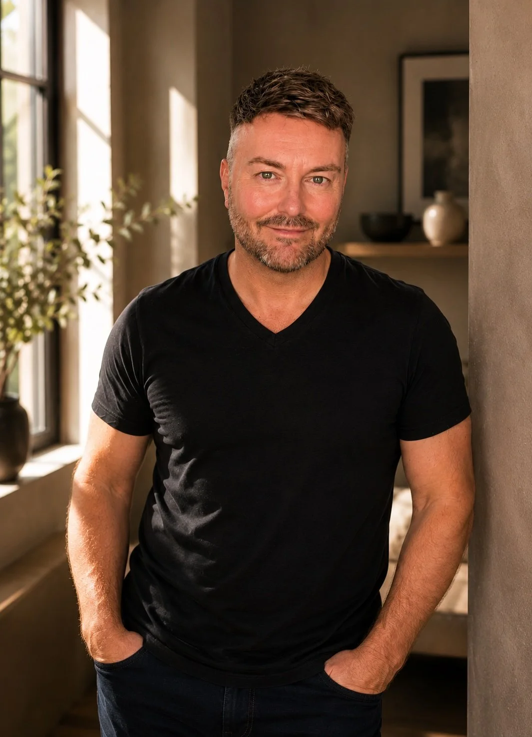Lewis Mabee standing in a warm, naturally lit home with a relaxed, confident expression, reflecting a healthy lifestyle and everyday wellness as part of the MABÉ Selected by MABÉ collection.