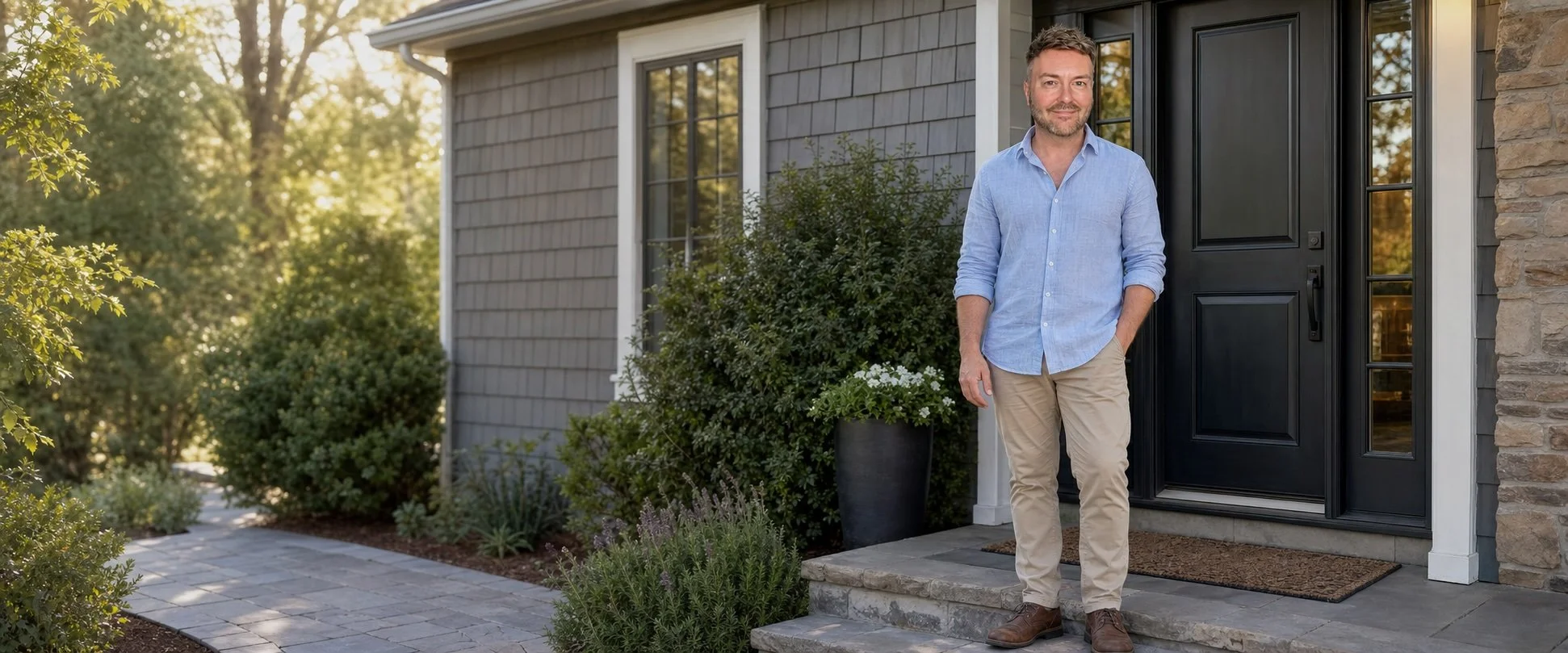 Lewis smiling with satisfaction outside a home after completing a spiritual house clearing.