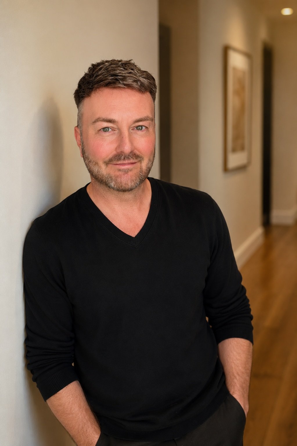 Lewis Mabee standing in a warm residential hallway, offering reassuring spiritual house clearing aftercare guidance from Ontario.
