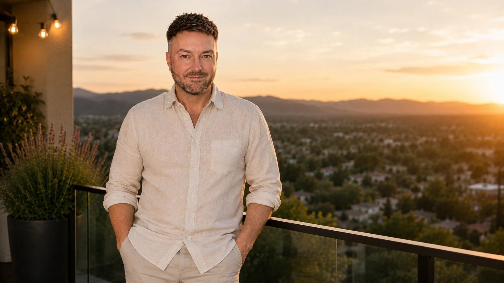 Lewis Mabee standing on his private patio at sunset, smiling warmly toward the camera in a light linen shirt with scenic views behind him, creating an inviting professional hero banner for his contact page.