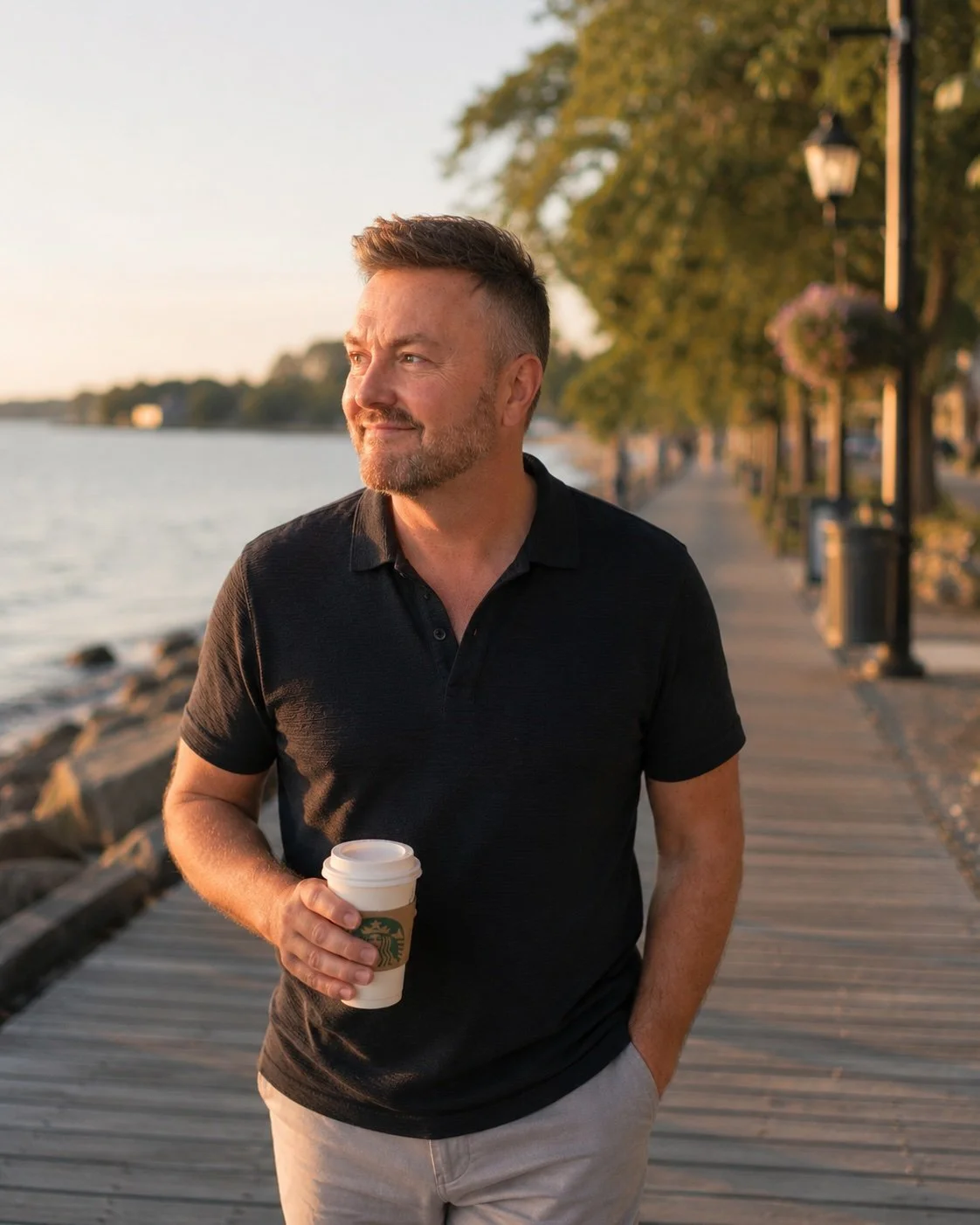 Lewis Mabee enjoying a peaceful walk along a lakeside boardwalk at sunset, holding a coffee and reflecting on life with a relaxed smile and calm confidence.