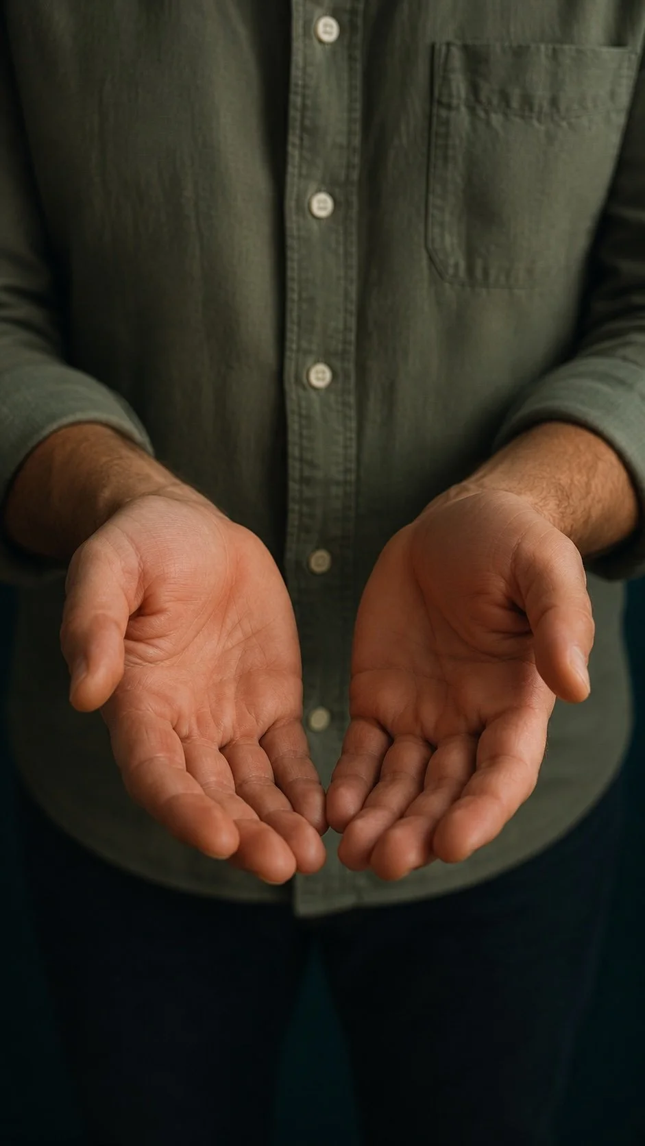 Close-up of Lewis Mabee’s open hands held upward in soft, warm light, symbolizing receptivity, intuitive awareness, spiritual connection, and the ability to receive information beyond the physical senses.