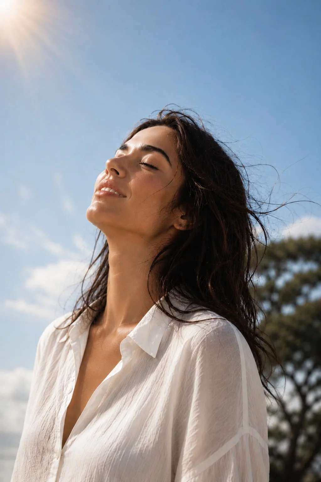 Young woman in a flowing white blouse standing beneath a blue sky with eyes closed and a peaceful expression, representing balance, clarity, joy, and the feeling of moving forward with confidence.