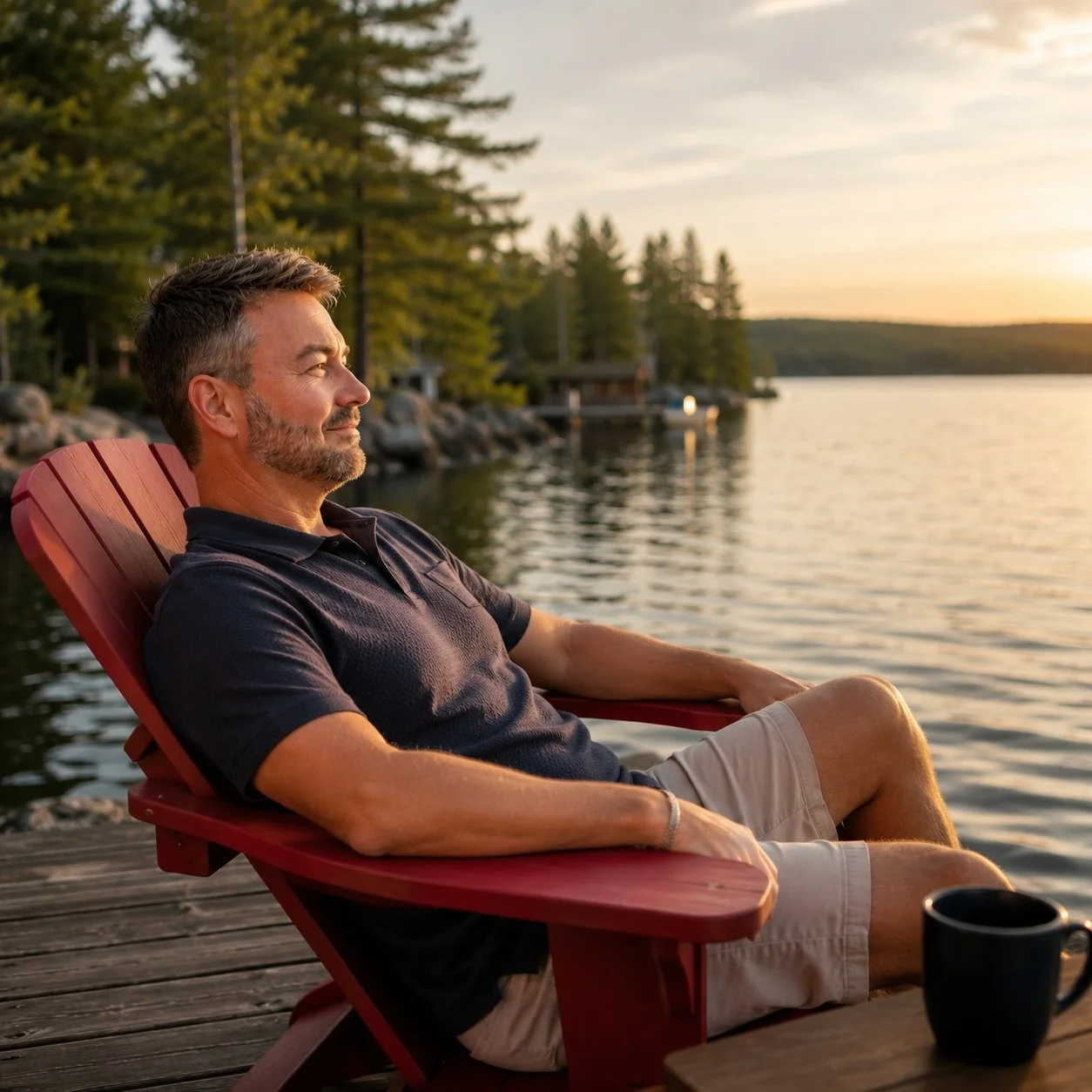 Lewis Mabee relaxing in a red Adirondack chair beside a peaceful lake at sunset, reflecting in a calm and welcoming setting that represents the gift of personal insight, healing, and spiritual guidance.