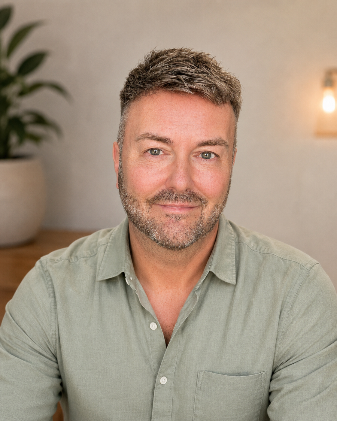 Lewis Mabee smiling warmly in a professional portrait, creating a calm, welcoming, and trustworthy experience for clients seeking spiritual guidance and psychic readings.