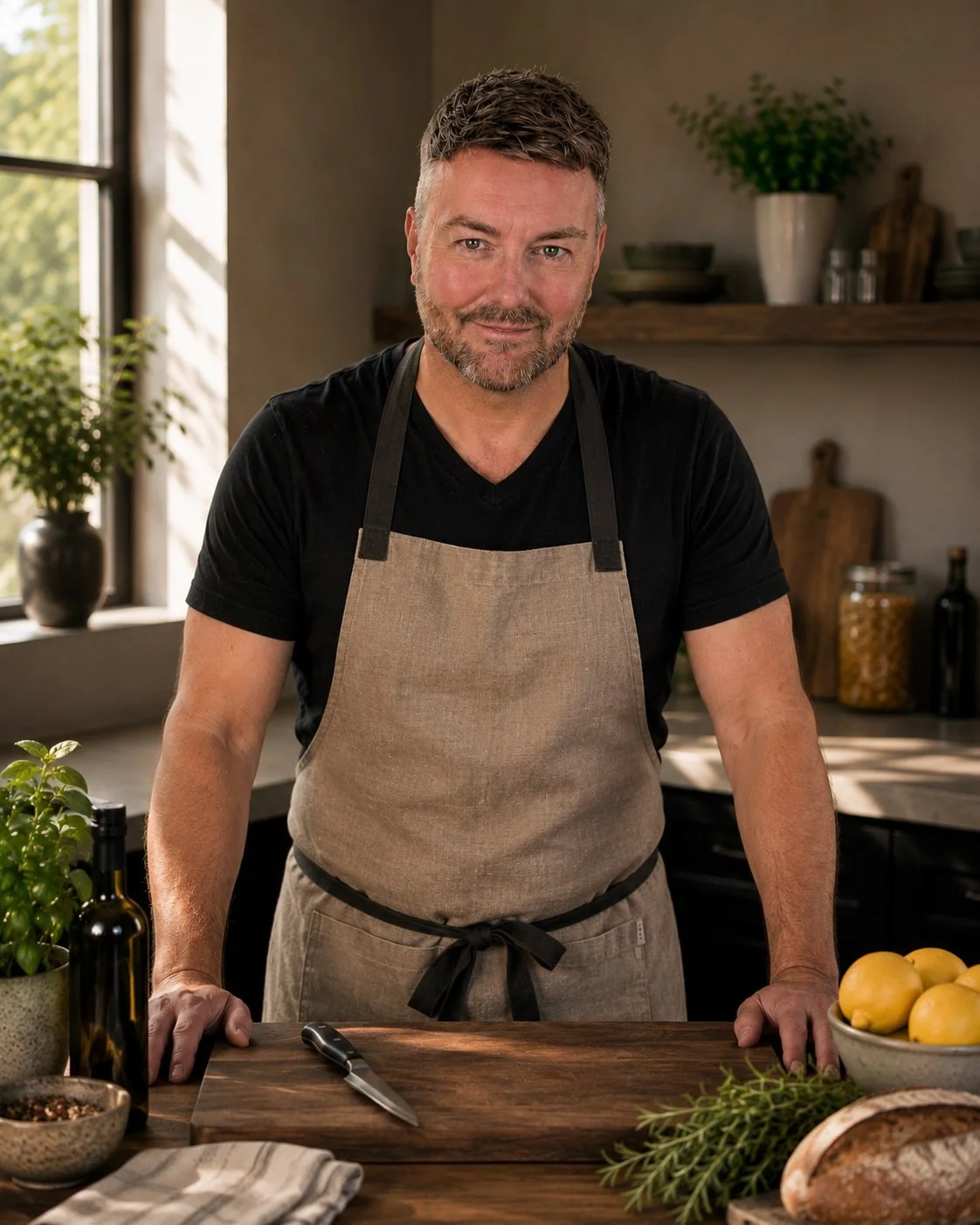 Lewis Mabee standing in a warm modern kitchen wearing a linen apron, preparing homemade meals as part of the MABÉ Selected by MABÉ lifestyle collection.