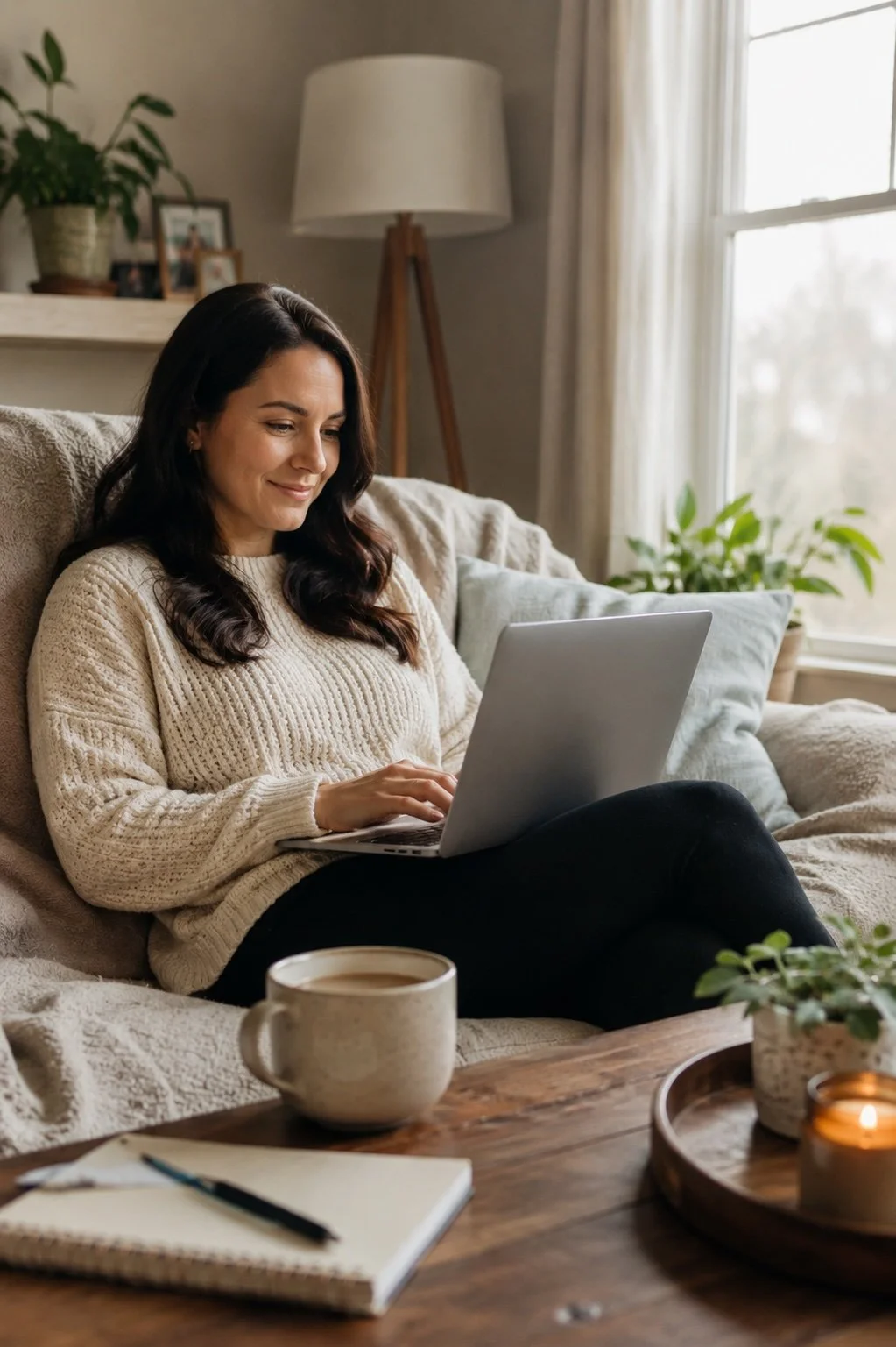 A person sitting comfortably at home with a laptop, tea, and notebook nearby in a warm, naturally lit living room, demonstrating how easy it is to participate in a psychic reading from the comfort and privacy of home.