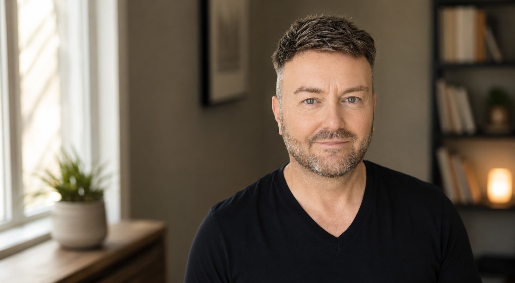 Lewis Mabee, wearing a black shirt, sitting in a room with a shelf of books and a potted plant near a window in the background.