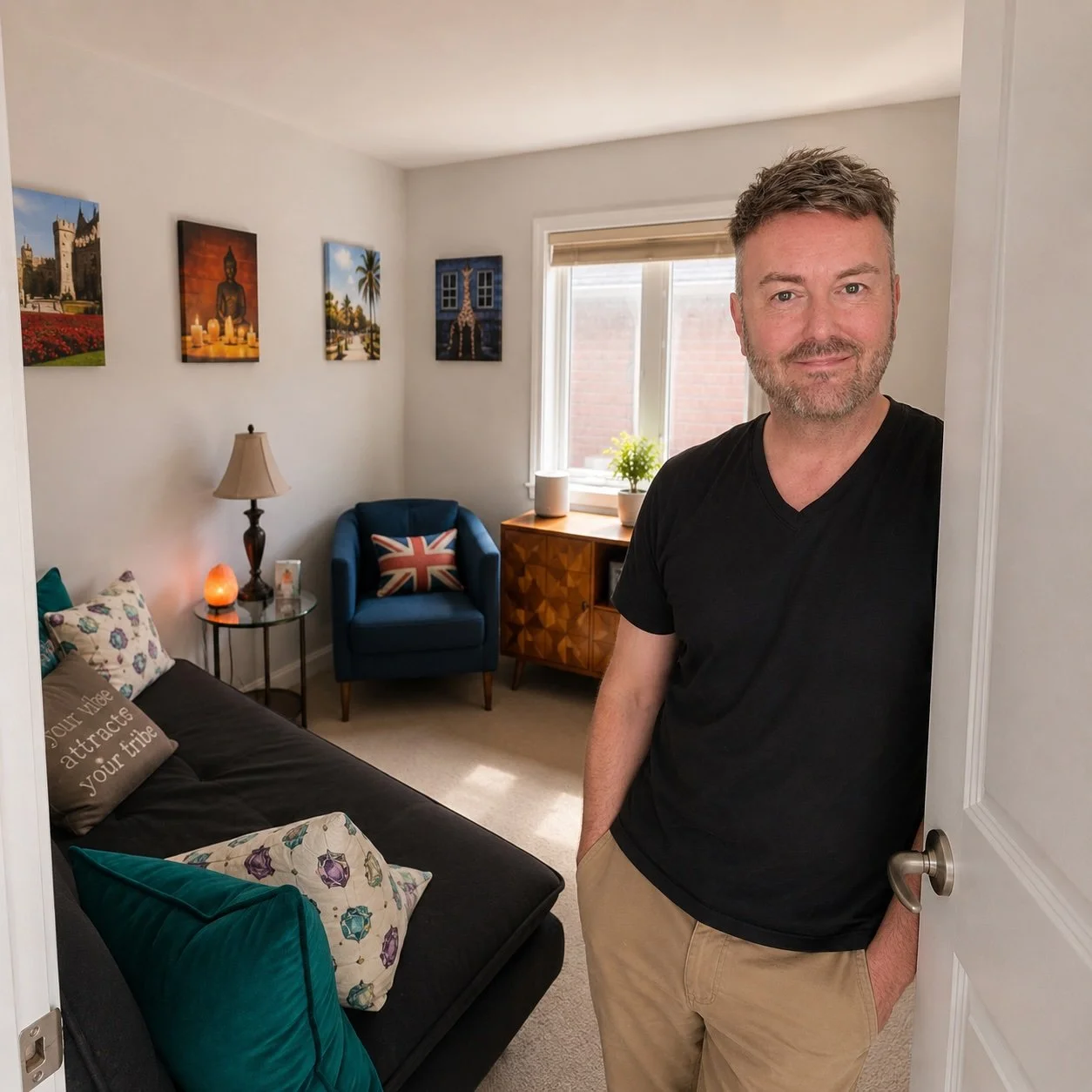 Lewis Mabee standing in the doorway of his Woodstock office, warmly welcoming clients into his private reading space.