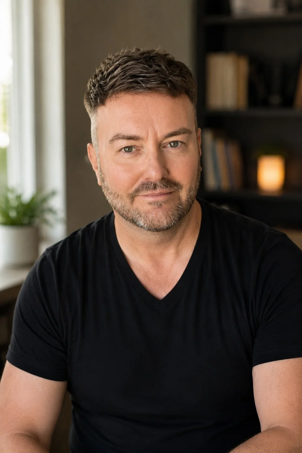Lewis Mabee wearing a black V-neck T-shirt, sitting indoors with a blurred bookshelf, a window with curtains, and a potted plant in the background.