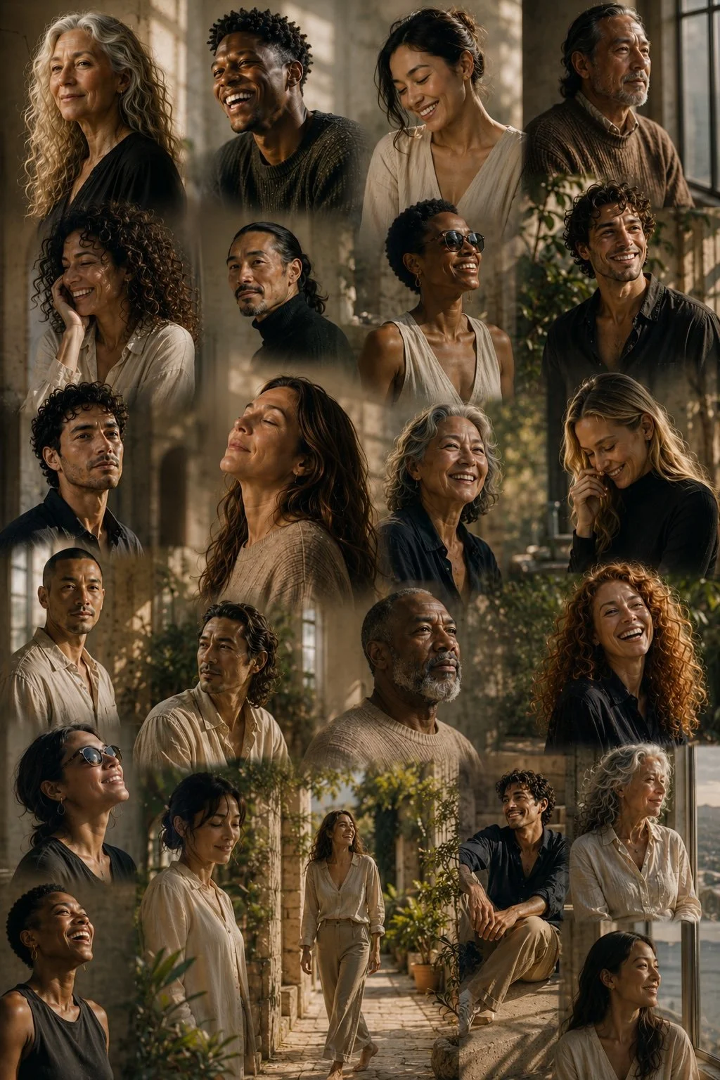 Editorial portrait montage of diverse people in warm architectural settings, expressing reflection, confidence, joy, and inner peace.
